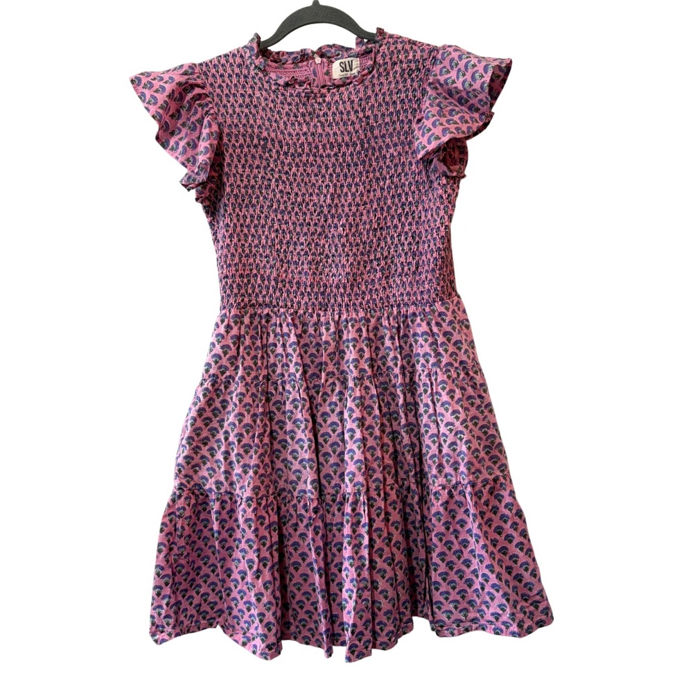 SLV Sur La Vague Dress Womens Small Medium Pink Smocked Cotton Mini Block Floral